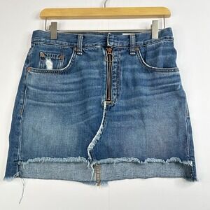rag & bone Denim Mini Skirt Women's 27 Blue Asymmetrical Raw Hem Ring Zipper